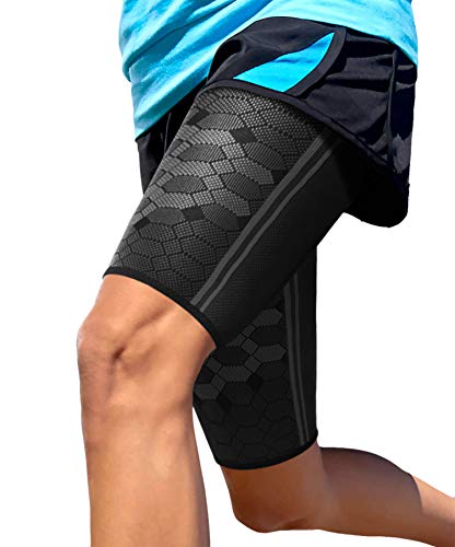 Sparthos Thigh Compression Sleeves (Pair) - Verify Size with Chart Before Ordering – Support for Bruised Strained Muscles Pulled Hamstring Quad – Breathable Upper Leg Brace for Men and Women (Black-M) - Image 1