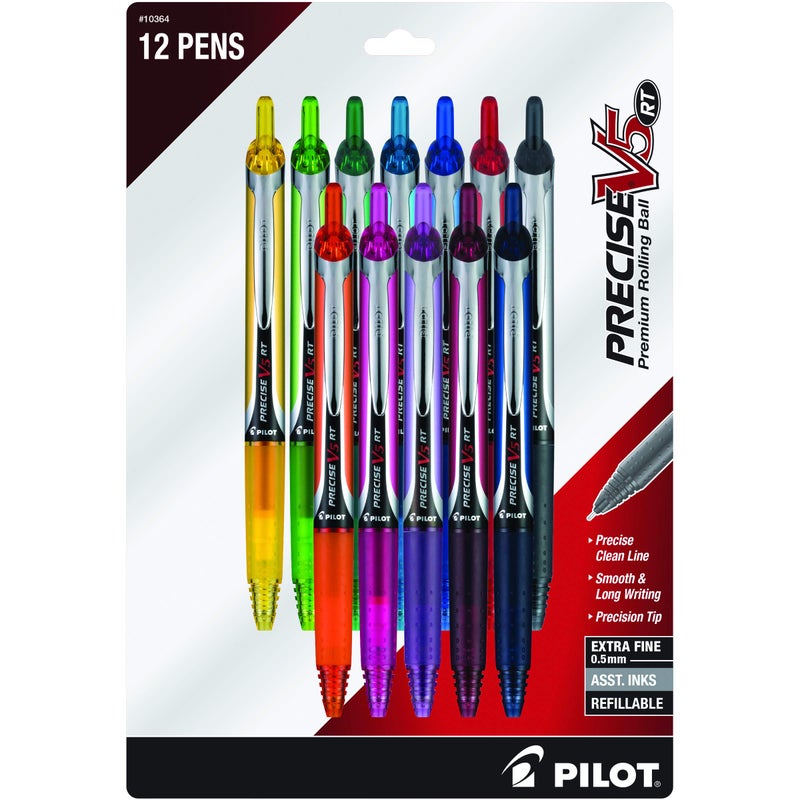Pilot, Precise V5 RT Refillable & Retractable Rolling Ball Pens, Extra Fine Point 0.5 mm, Assorted Colors, Pack of 12 - Image 1