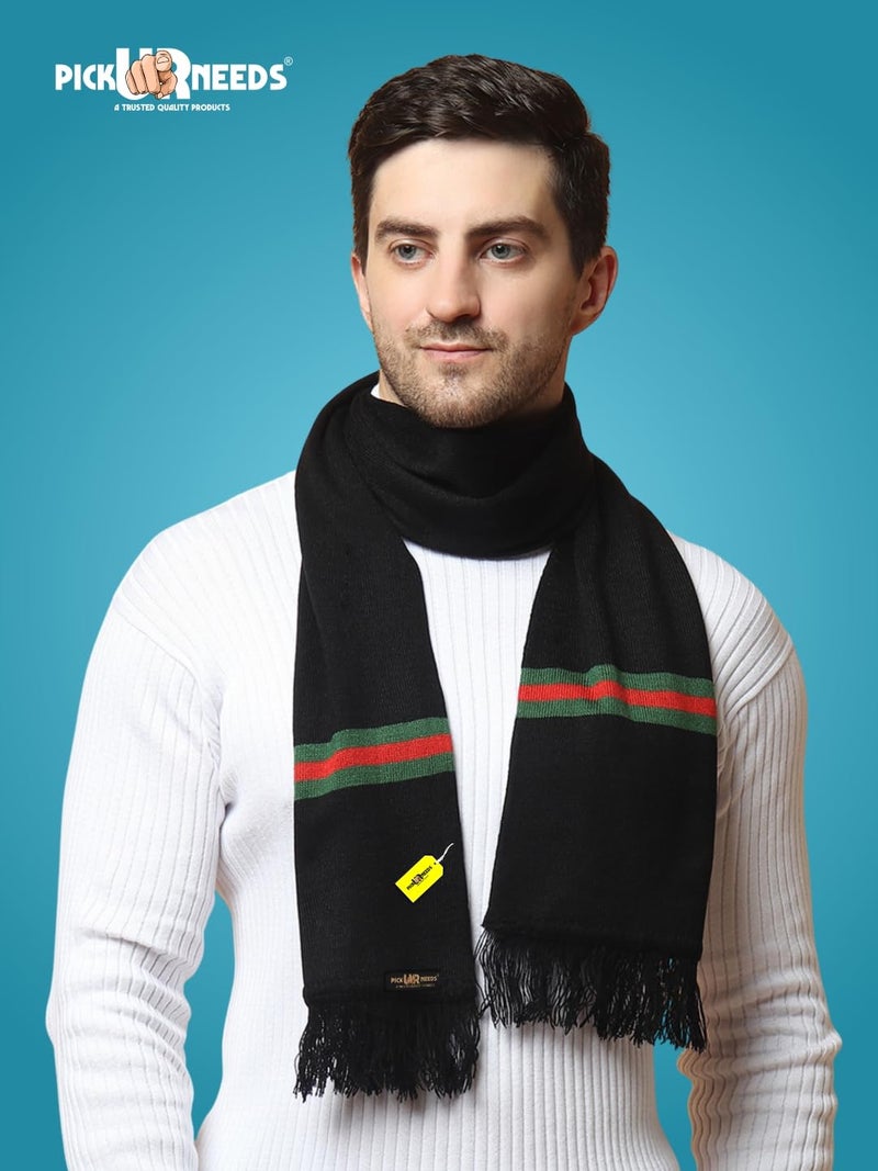 Pick Ur Needs Premium Woolen Muffler for Men Soft Warm Winter Scarf Stylish Striped Design Long & Comfortable Neck Wrap (Black) - Image 3