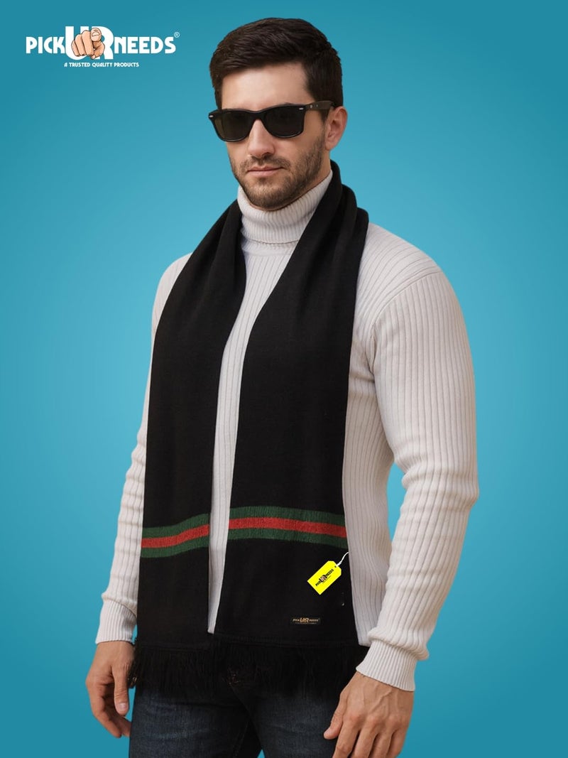 Pick Ur Needs Premium Woolen Muffler for Men Soft Warm Winter Scarf Stylish Striped Design Long & Comfortable Neck Wrap (Black) - Image 5