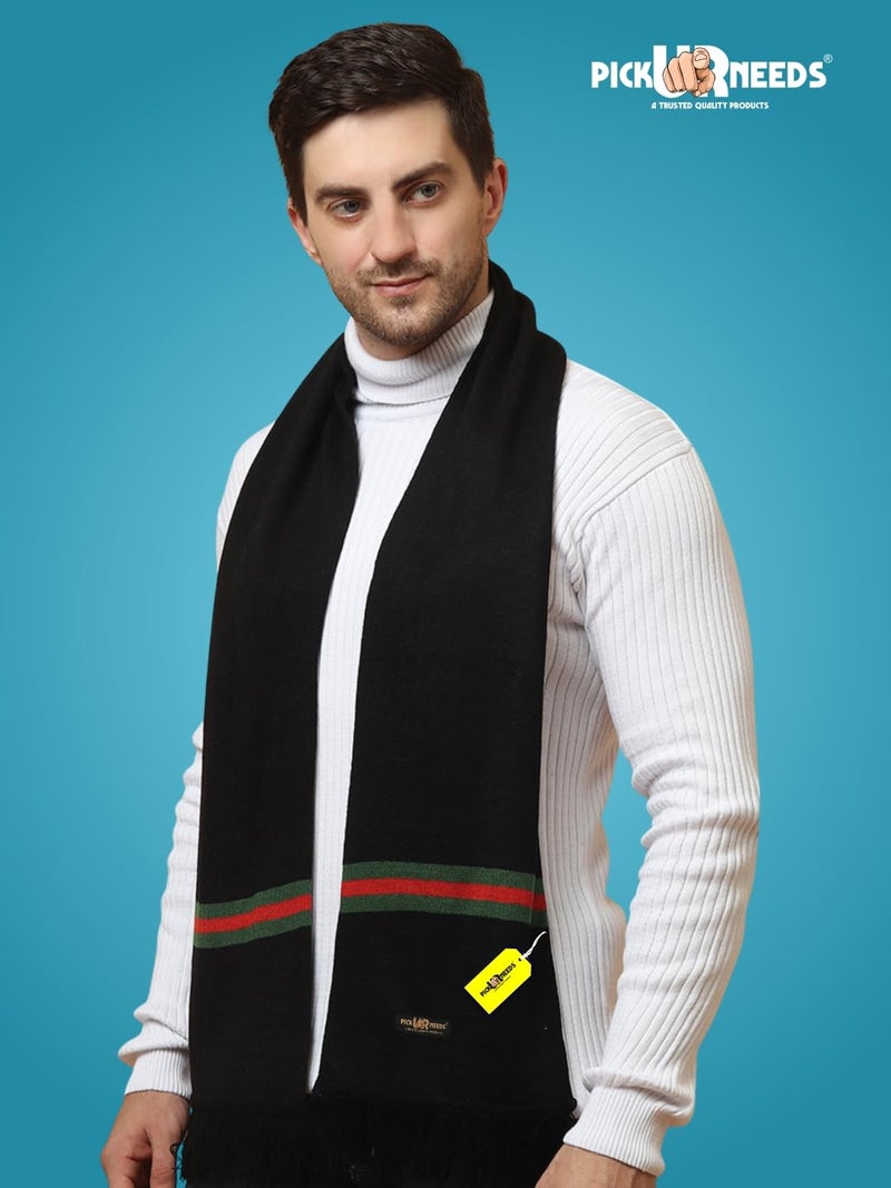 Pick Ur Needs Premium Woolen Muffler for Men Soft Warm Winter Scarf Stylish Striped Design Long & Comfortable Neck Wrap (Black) - Image 4