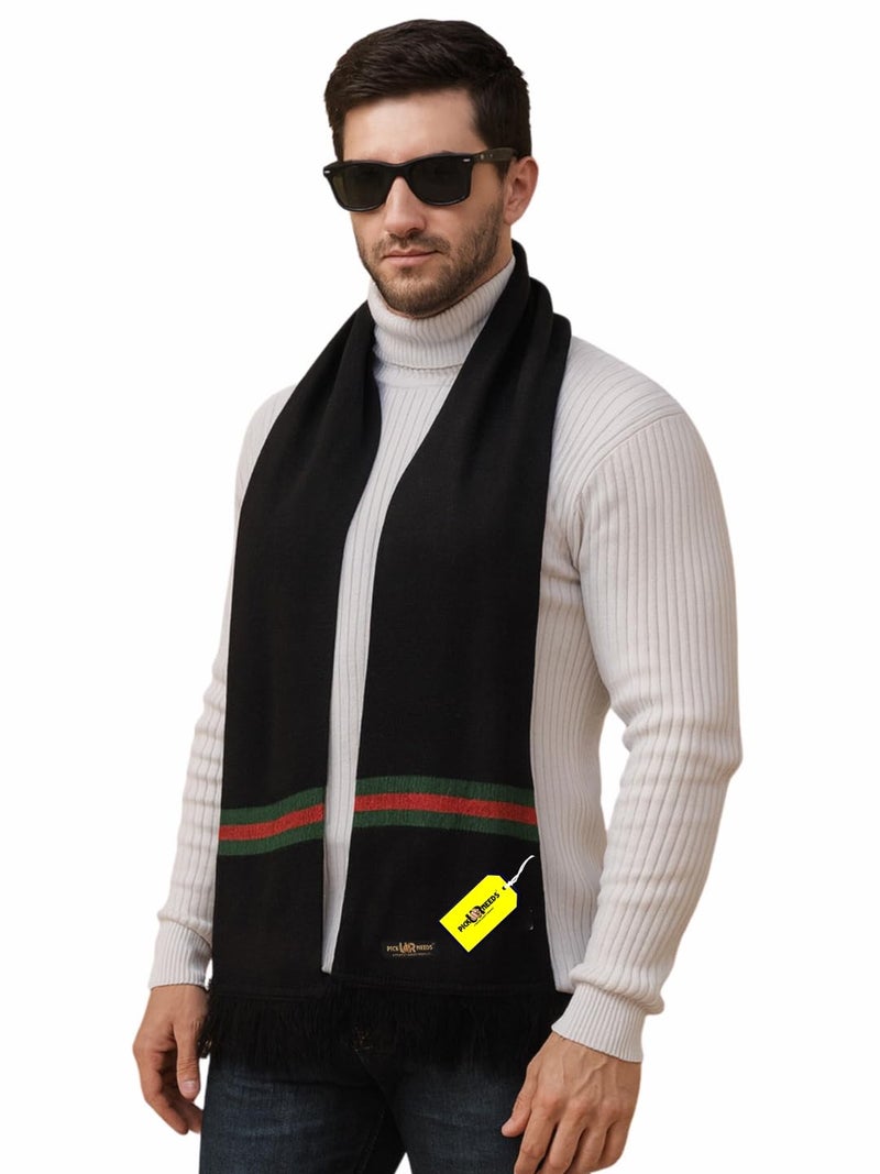 Pick Ur Needs Premium Woolen Muffler for Men Soft Warm Winter Scarf Stylish Striped Design Long & Comfortable Neck Wrap (Black) - Image 1
