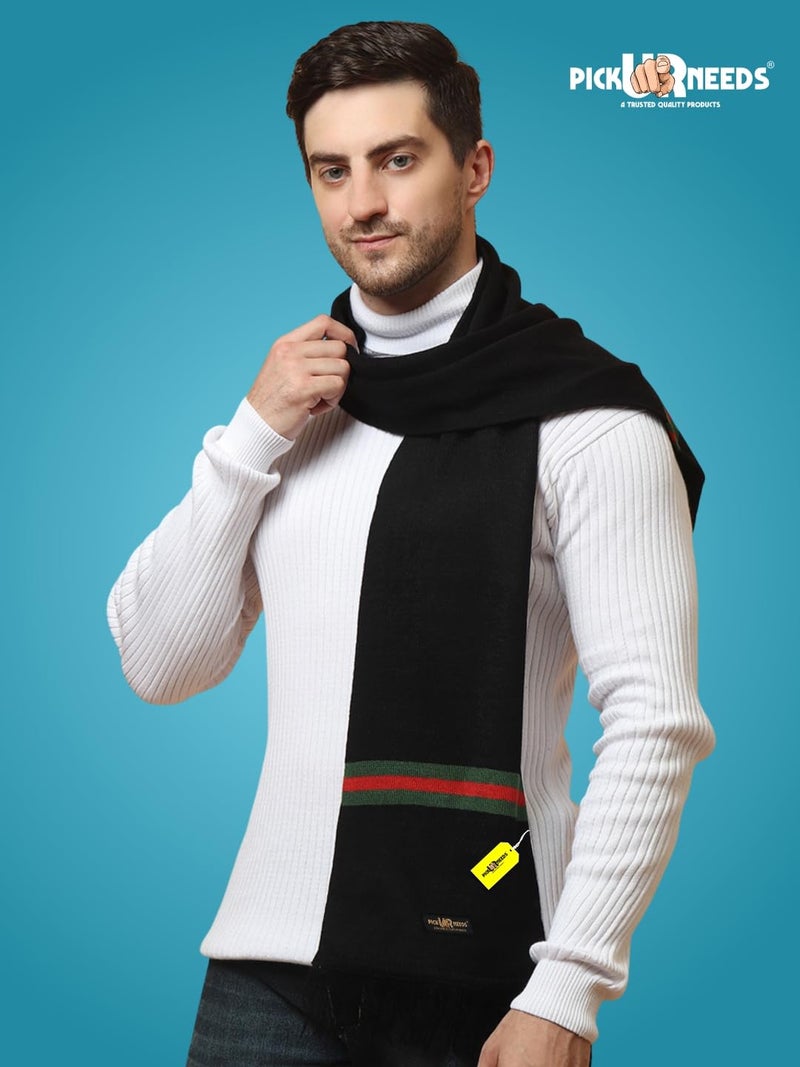 Pick Ur Needs Premium Woolen Muffler for Men Soft Warm Winter Scarf Stylish Striped Design Long & Comfortable Neck Wrap (Black) - Image 2