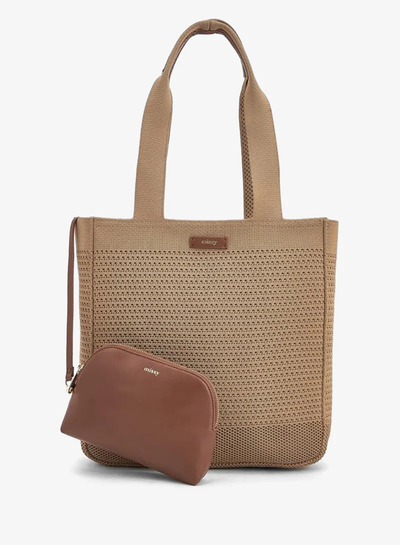ميسي Textured Tote Bag With Pouch