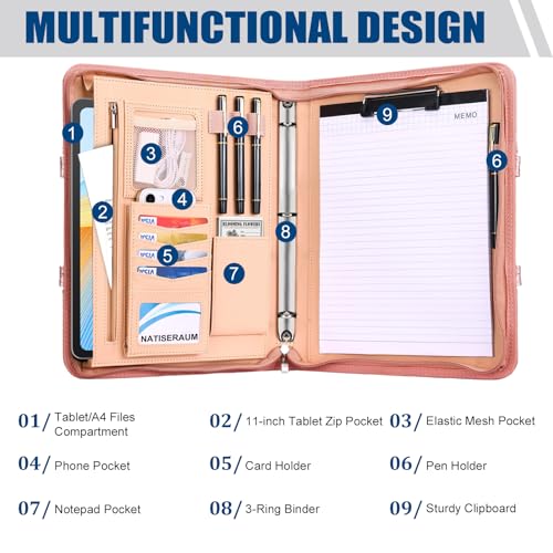NATISERAUM Padfolio Portfolio Binder with Handle, 3-Ring Folder Organizer, Vegan Leather Portfolio with Notepad Includes 5 Dividers with 10 Pockets for Documents Filesfor Documents Files and 1 Pen - Image 4