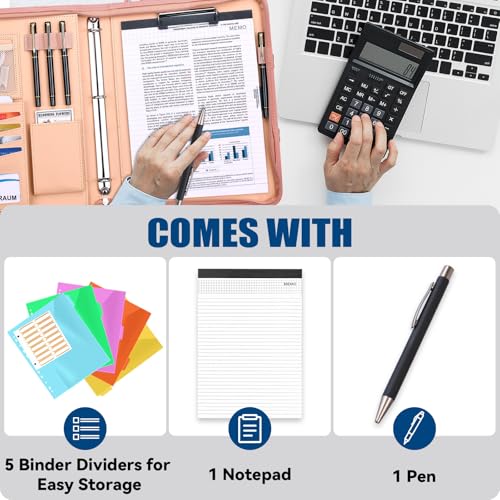 NATISERAUM Padfolio Portfolio Binder with Handle, 3-Ring Folder Organizer, Vegan Leather Portfolio with Notepad Includes 5 Dividers with 10 Pockets for Documents Filesfor Documents Files and 1 Pen - Image 3