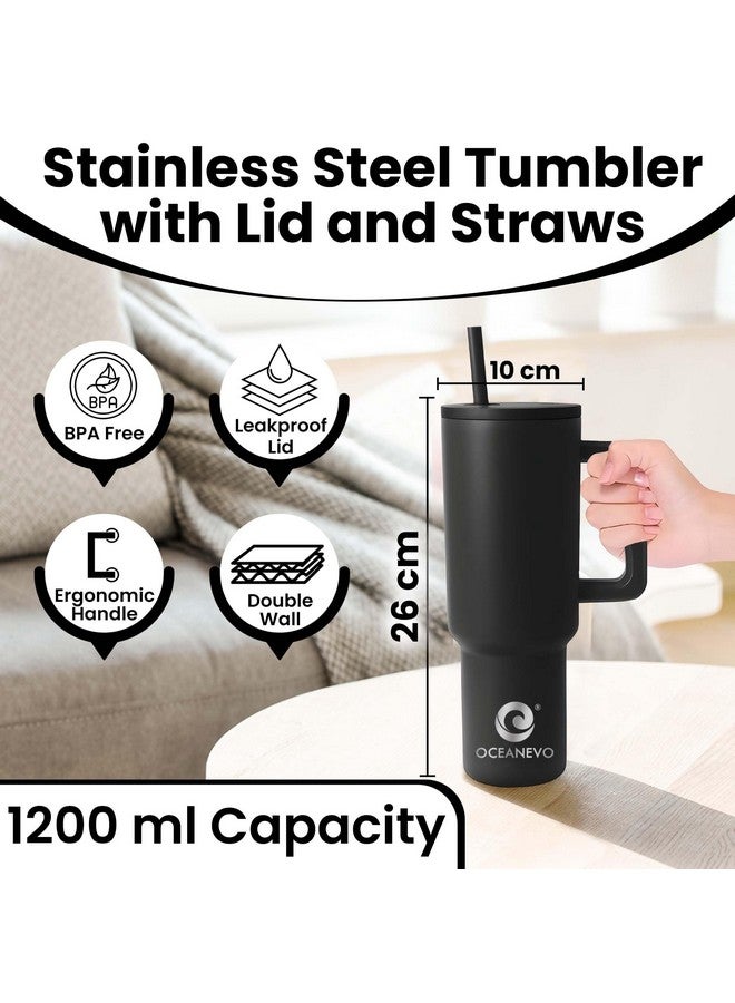 OCEANEVO كوب أوشيانيفو 1200 مل من الفولاذ المقاوم للصدأ مع غطاء و 3 مصاصات، كوب مزدوج العزل مع مقبض للمشروبات الساخنة والباردة، كوب 100% مقاوم للتسرب للمكتب، الصالة الرياضية والسفر - أسود - Image 2