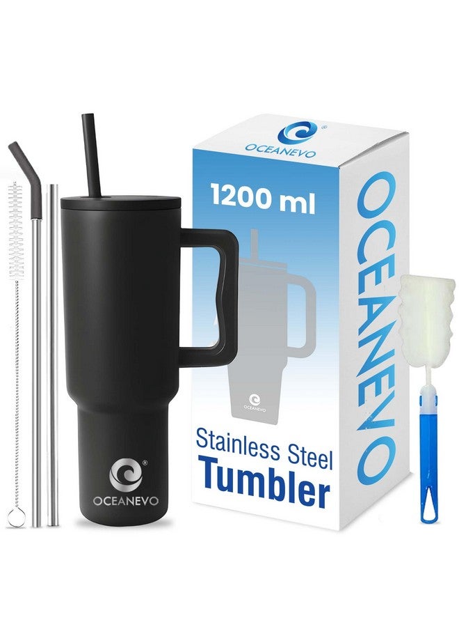 OCEANEVO كوب أوشيانيفو 1200 مل من الفولاذ المقاوم للصدأ مع غطاء و 3 مصاصات، كوب مزدوج العزل مع مقبض للمشروبات الساخنة والباردة، كوب 100% مقاوم للتسرب للمكتب، الصالة الرياضية والسفر - أسود - Image 1