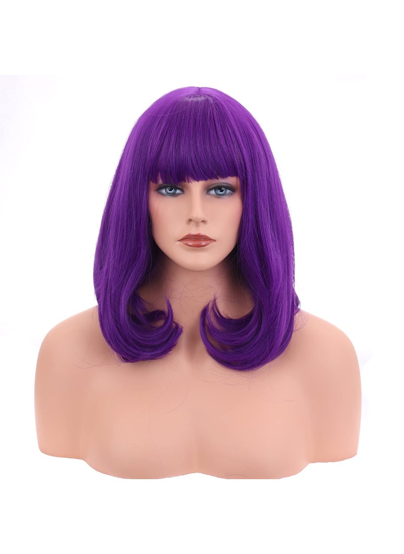 BERON - BERON 14 Inches Purple Wig Purple Bob Wig with Bangs Synthetic Wig Short Straight Bob Wig for Daily or Cosplay Party - Image 1