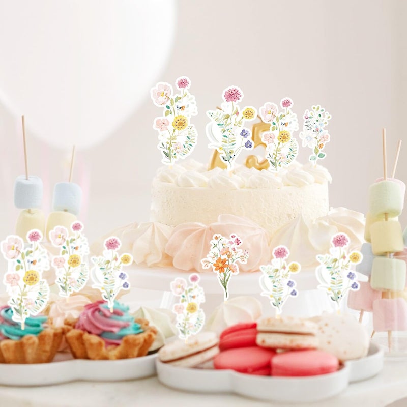 Rngmsi Flower Birthday Cupcake Toppers Decorations, 40PCS Wildflower Baby in Bloom Baby Shower Cake Decorations for Girls Women, Garden Floral Fairy Party Decor - Image 4