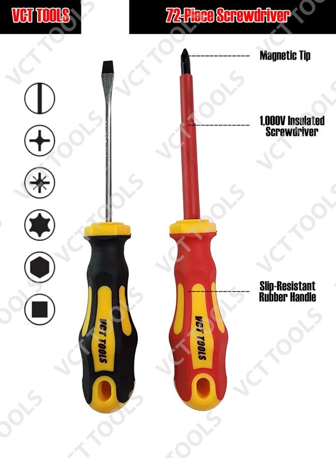 VCT 72pc Magnetic Screwdriver Set with Case Flathead, Phillips, Hex, Square, Pozidriv, Torx, and Magnetic Tip Screwdrivers - Image 4