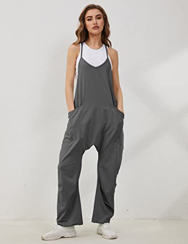 Lentta Women's Causal Jumpsuits V Neck Sleeveless Harem Overalls Stretchy Adjustable Strap Romper with Pockets(DarkGrey-L) - Image 4