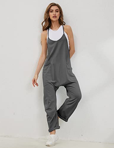 Lentta Women's Causal Jumpsuits V Neck Sleeveless Harem Overalls Stretchy Adjustable Strap Romper with Pockets(DarkGrey-L) - Image 3
