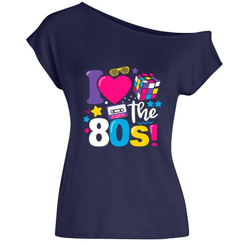 Amazon European and American feelings I Love 80s letters love Rubiks cube radio printing feelings oblique collar T-shirt navy blue