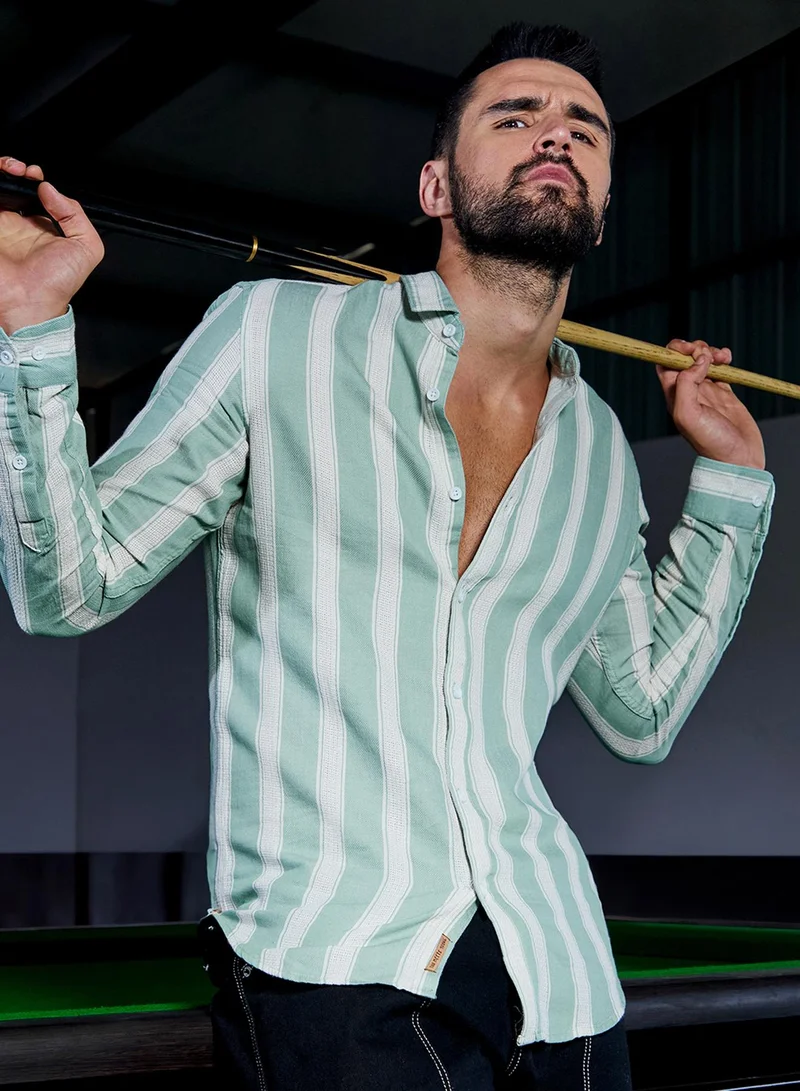 Campus Sutra Campus Sutra Men's Light Blue Shadow Striped Shirt For Casual Wear | Spread Collar | Long Sleeve | Button Closure | Cotton Viscose Shirt Crafted With Comfort Fit For Everyday Wear