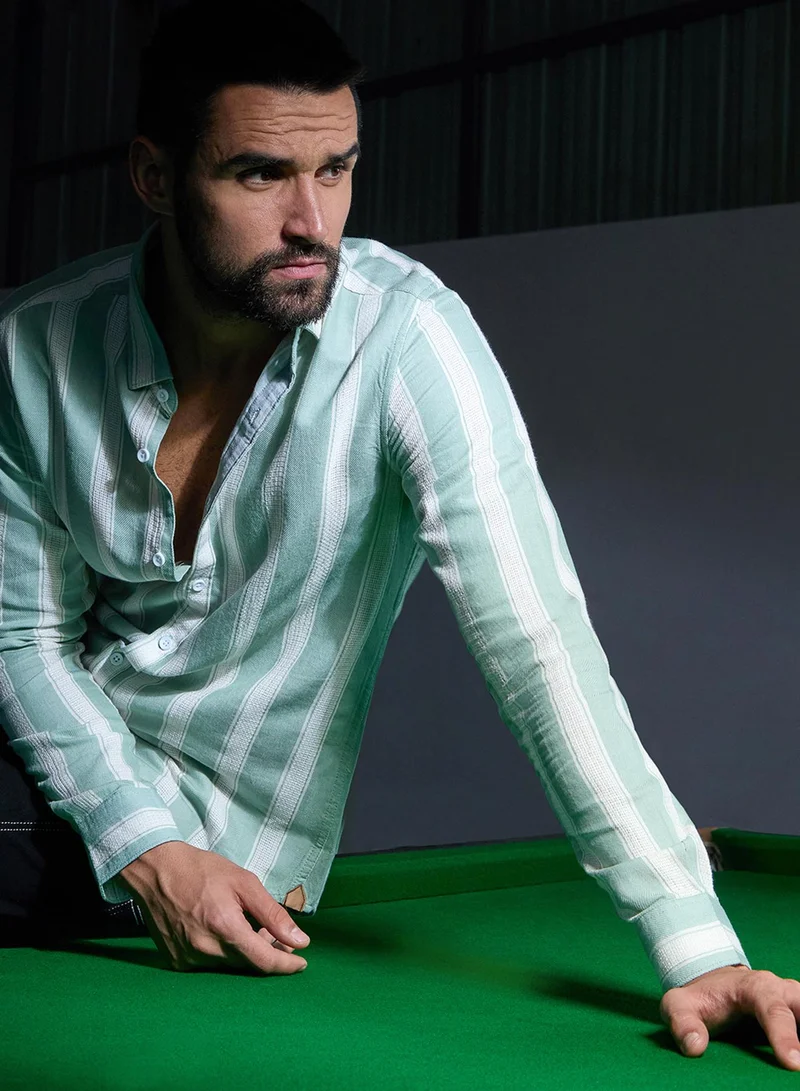 Campus Sutra Campus Sutra Men's Light Blue Shadow Striped Shirt For Casual Wear | Spread Collar | Long Sleeve | Button Closure | Cotton Viscose Shirt Crafted With Comfort Fit For Everyday Wear