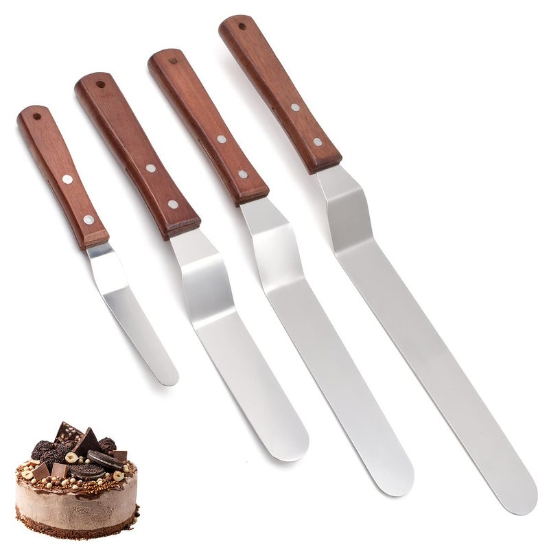 مجموعة من 4 مكاشط لت frosting من الفولاذ المقاوم للصدأ بمقبض خشبي لتزيين الكعك والبيتزا والساندويتشات - Image 1
