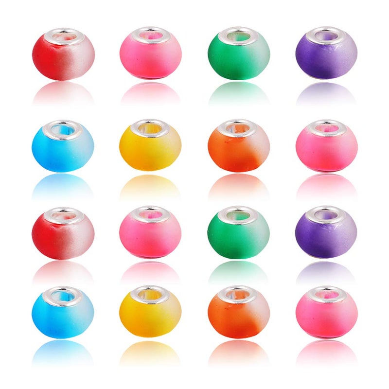 AIPRIDY 100Pcs 15x11mm Painting Murano Large Hole Glass Beads Mix Color with Silver Brass Cores European Charm fit Bracelet Necklace Rubber Effect Bicolor