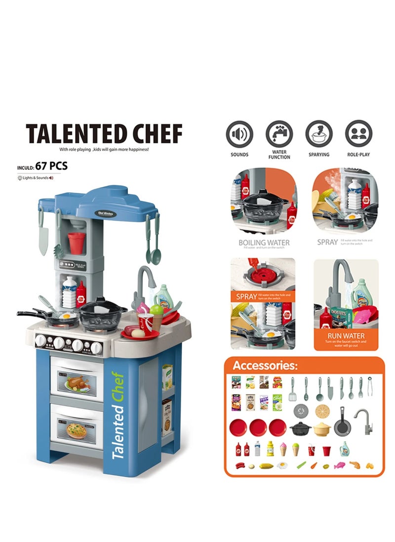 MUMS PLANET - Master Chef's Kitchen Playset, 67 Pieces, Round Assorted Accessories, Designed with Spray Function, Boiling Water Function, Light and Sound, Kids Will Be More Happy. Perfect Gift for Kids 3 Years and Up - Image 1