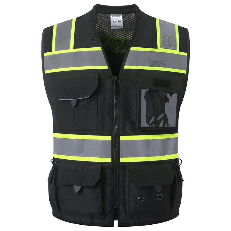JKSafety سترة السلامة عالية الرؤية من JKSafety للرجال والنساء - سترة عاكسة للبناء بشبكة وياقة مبطنة - معدات حماية شخصية ثقيلة - جيوب داخلية - متوافقة مع ANSI/ISEA (188-أسود L) - Image 1