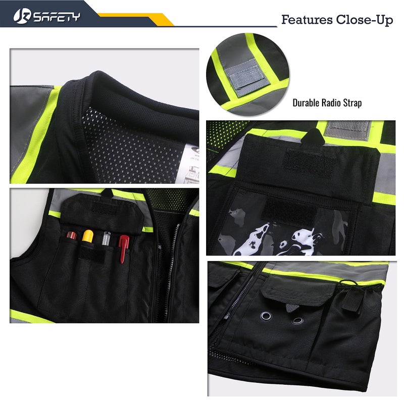 JKSafety سترة السلامة عالية الرؤية من JKSafety للرجال والنساء - سترة عاكسة للبناء بشبكة وياقة مبطنة - معدات حماية شخصية ثقيلة - جيوب داخلية - متوافقة مع ANSI/ISEA (188-أسود L) - Image 2