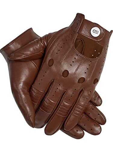 GSG SINCE 1998 GSG Men Genuine Leather Gloves Brown Unlined Biking Touchscreen Driving Gloves Large Palm Hole - Image 1