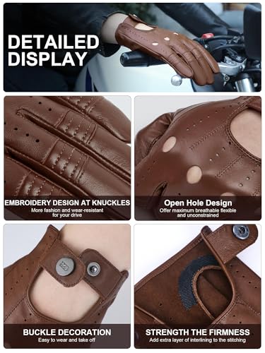 GSG SINCE 1998 GSG Men Genuine Leather Gloves Brown Unlined Biking Touchscreen Driving Gloves Large Palm Hole - Image 5