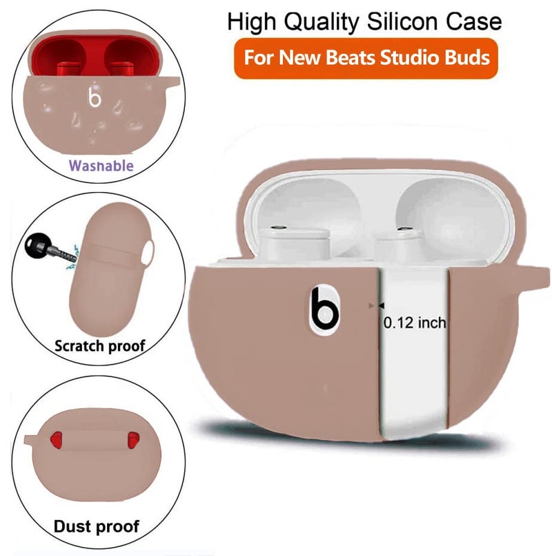 Olytop for Beats Studio Buds/Bud + Case with Cleaner kit 2021/2023, Soft Silicone Case New Beat Studio Buds Plus Cover Protective Skin with Keychain, Cleaning Pen for Beat Studio Earbuds, Milk Tea - Image 2