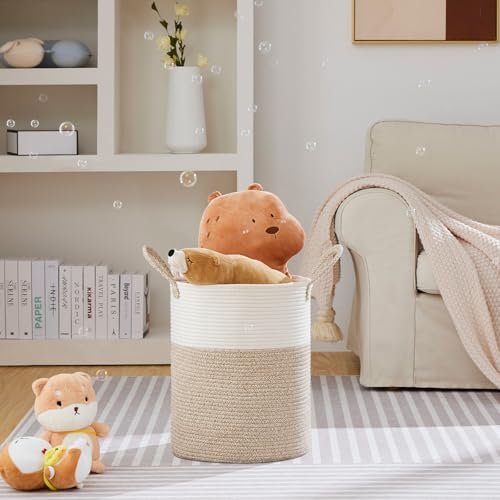 VIPOSCO Large Laundry Hamper Tall Woven Rope Storage Basket for Blanket Toys Dirty Clothes in Living Room Bathroom Bedroom 53L White Brown - Image 3