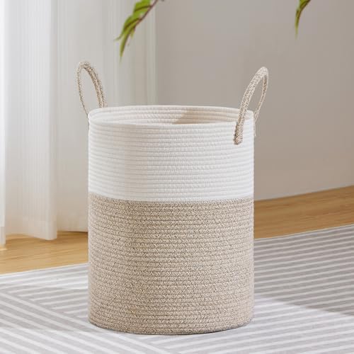 VIPOSCO Large Laundry Hamper Tall Woven Rope Storage Basket for Blanket Toys Dirty Clothes in Living Room Bathroom Bedroom 53L White Brown - Image 1
