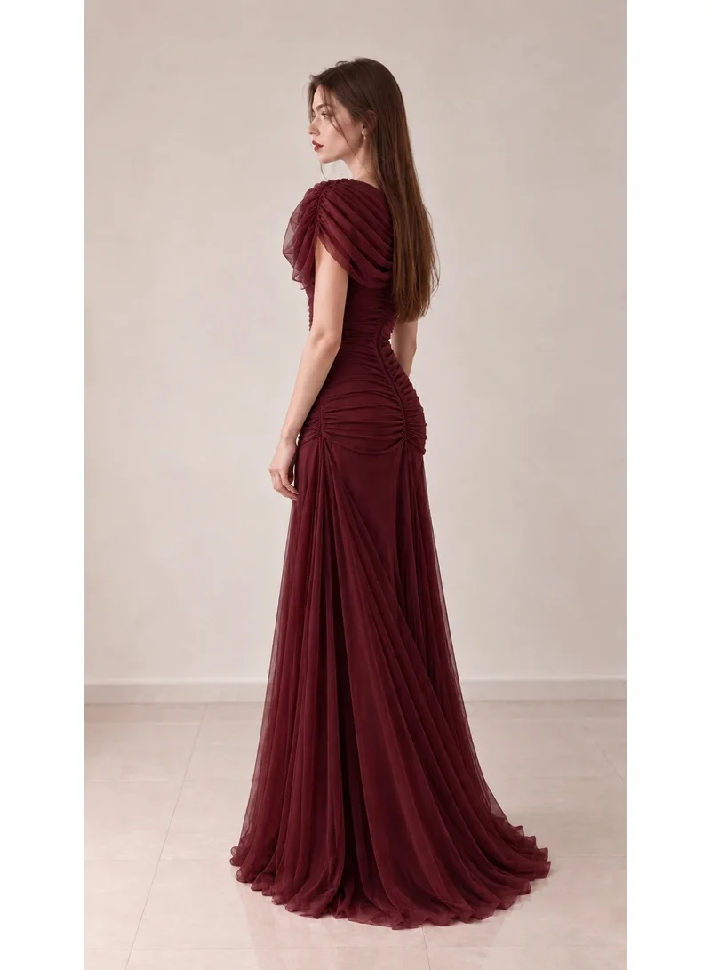 2Trendy Long Dress with Draped Bodice, Ruched Waist, Short Flowing Sleeves and Flared Skirt - Burgundy
