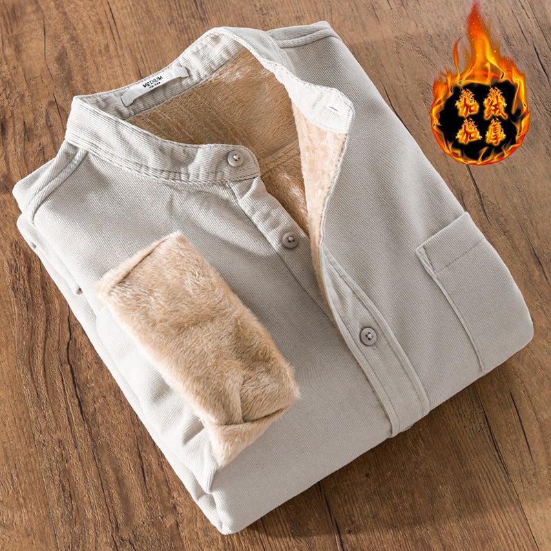 Winter corduroy fleece-lined thickened mens thermal shirt mens long sleeve handsome youth solid color shirt jacket 9433 Light gray - Image 1