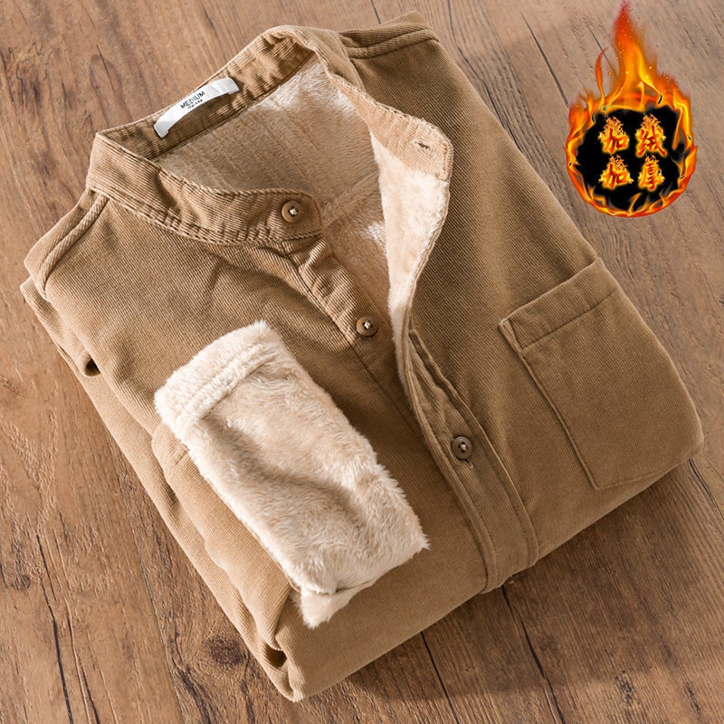 Winter corduroy fleece-lined thickened mens thermal shirt mens long sleeve handsome youth solid color shirt jacket 9433 Light gray - Image 2