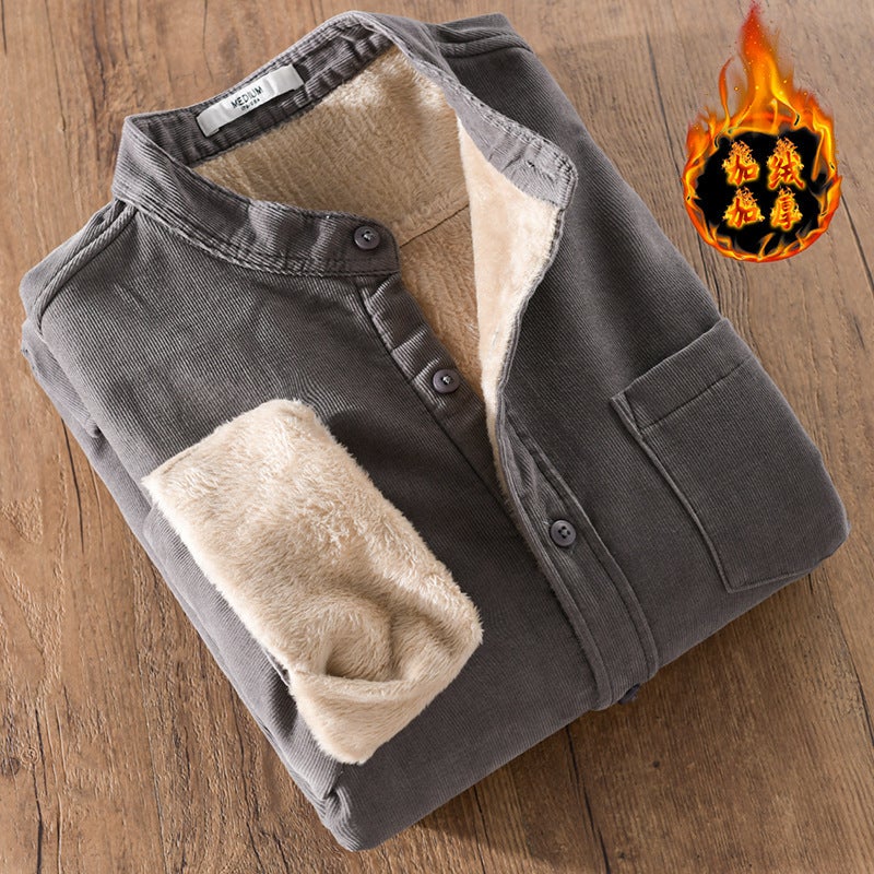 Winter corduroy fleece-lined thickened mens thermal shirt mens long sleeve handsome youth solid color shirt jacket 9433 Light gray - Image 3