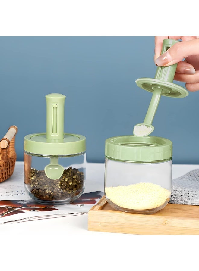 Bukela Glass Seasoning Jars, 3 Pack Glass Seasoning Bottle with Retractable Spoon and Lid, Air-Tight Seasoning Containers Spice Jars Sugar Container Salt Cellar Box With Stand Spoon - Image 1