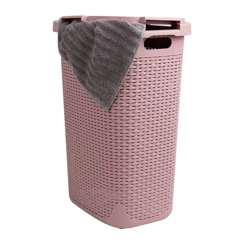 Mind Reader Slim Laundry Hamper with Lid, 60L Tall Clothes Basket, Narrow Tapered Design for Bathrooms, Closets and Laundry Rooms, Plastic, Pink - Image 1