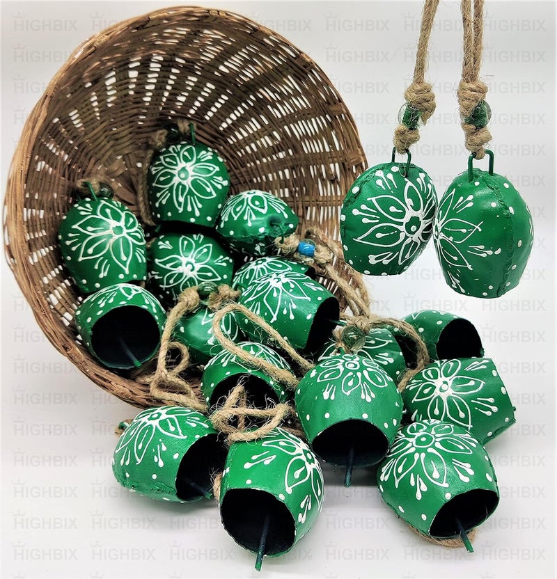 HIGHBIX HIGHBIX 7cm Hand Painted Festive Dcor Hanging Bells Set of 10 with Jute Bag Hand Painted Green 7cm 