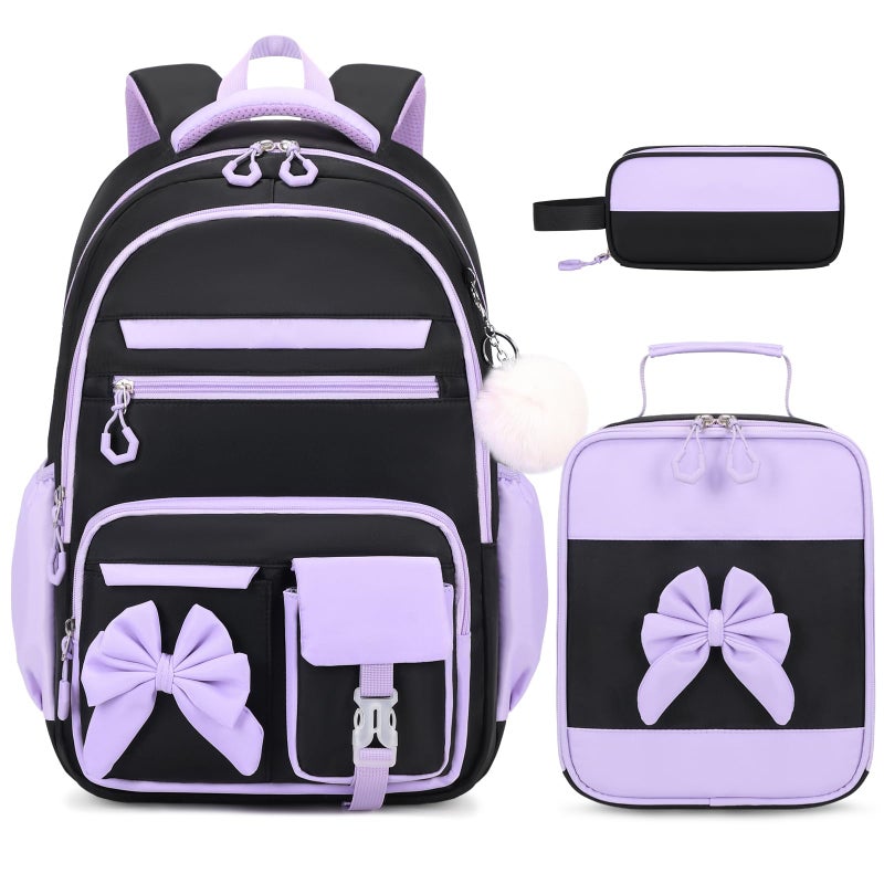 DIGOBAY Backpack for Girls 3PCS Girls Backpack for School with Lunch Bag Pencil Case Cute Kids Teens Bookbag for Kindergarten Elementary Preschool Middle School BlackPurple - Image 2