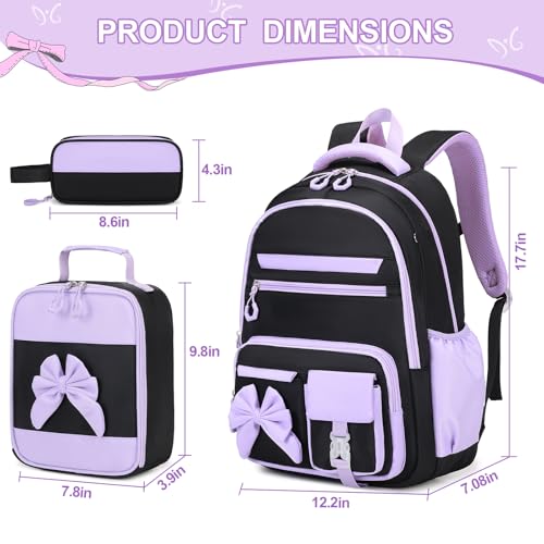 DIGOBAY Backpack for Girls 3PCS Girls Backpack for School with Lunch Bag Pencil Case Cute Kids Teens Bookbag for Kindergarten Elementary Preschool Middle School BlackPurple - Image 3