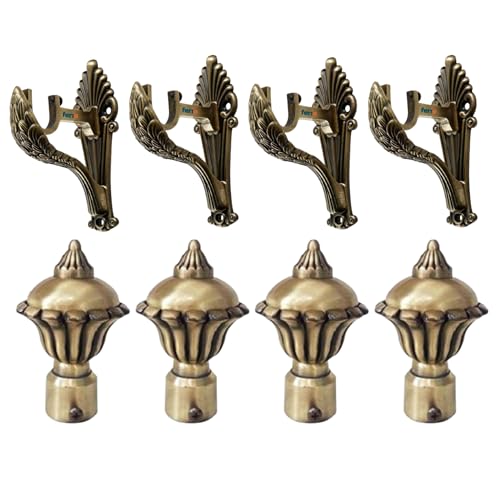 FERIO Curtain Holders Brackets and Curtain Finials for Door and Window Rod Fittings 1 Inch Rod Brass Antique for Home Decor (Curtain Holder 4 Pcs and Curtain Finial 4 Pcs) - Image 1