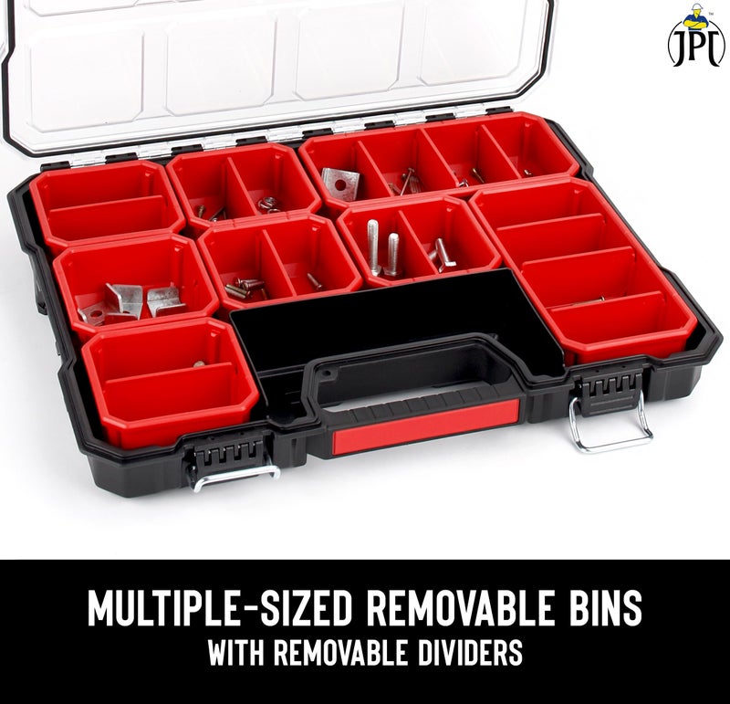 JPT Shallow Tool Organizer Box with 8 Removable Container With Removeable Dividers,Heavy-Duty Storage Case with Transparent Lid for Tools, Hardware, Screws, & Small items - Image 5