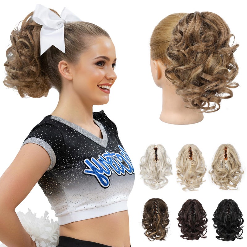 REECHO 9" Short Ponytail Extension, Classic Loose Curly Wavy Claw Clip Pony tails Hair Extensions HP001 Hairpieces for Women (Light Brown with Blonde Highlights) - Image 1