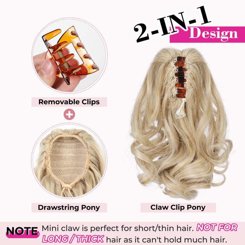 REECHO 9" Short Ponytail Extension, Classic Loose Curly Wavy Claw Clip Pony tails Hair Extensions HP001 Hairpieces for Women (Light Brown with Blonde Highlights) - Image 3