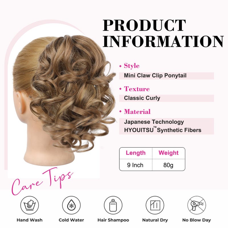 REECHO 9" Short Ponytail Extension, Classic Loose Curly Wavy Claw Clip Pony tails Hair Extensions HP001 Hairpieces for Women (Light Brown with Blonde Highlights) - Image 2