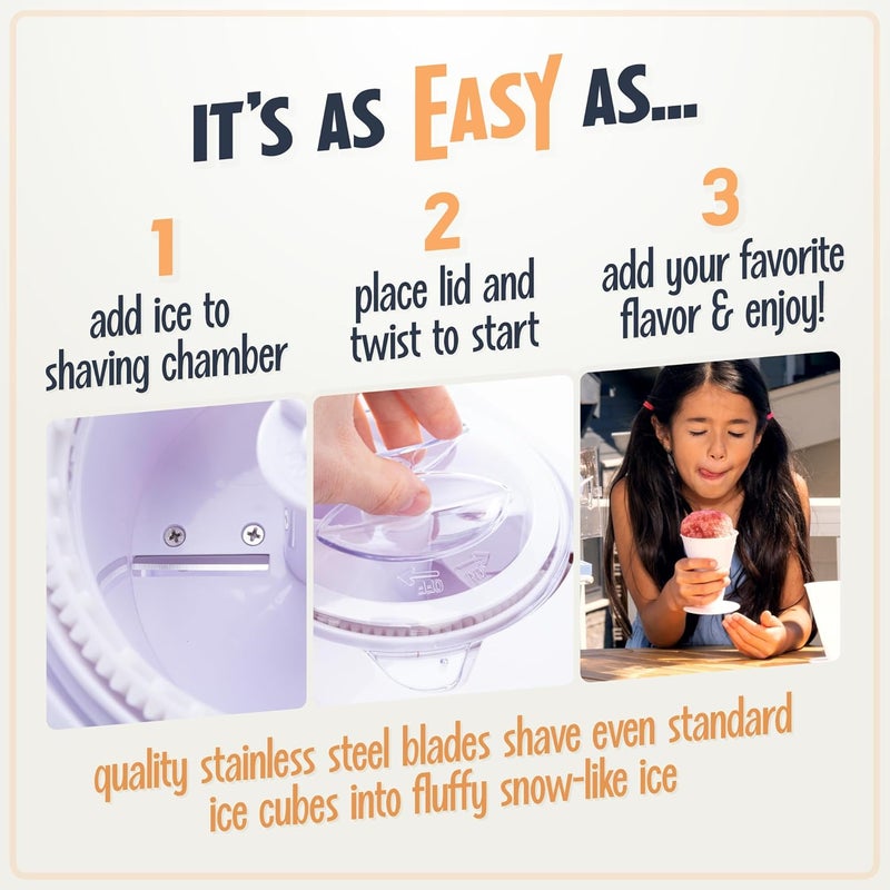 Snow Cone Shaved Ice Machine - Retro Table-Top Slushie Machine Makes 20 Icy Treats - Includes 2 Reusable Plastic Cups & Ice Scoop - White - Image 4