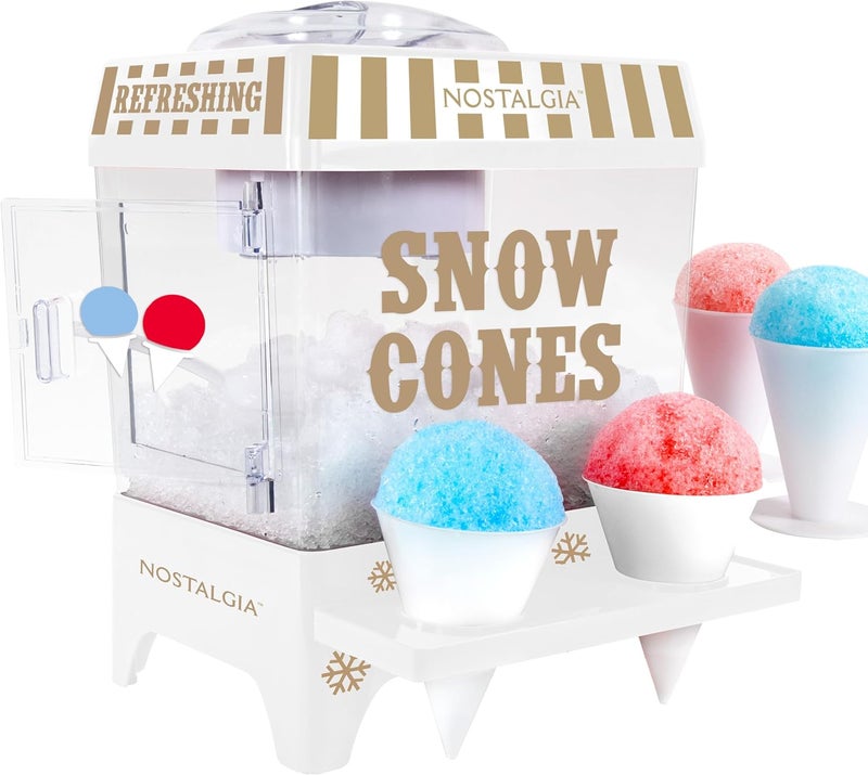 Snow Cone Shaved Ice Machine - Retro Table-Top Slushie Machine Makes 20 Icy Treats - Includes 2 Reusable Plastic Cups & Ice Scoop - White - Image 1