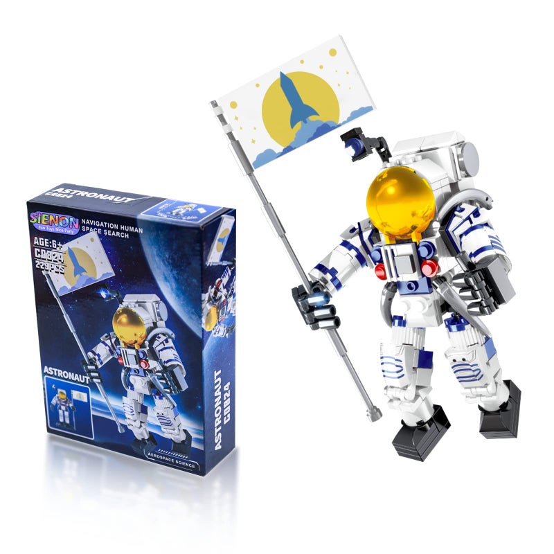 SIENON Astronaut Building Block Toy for Kids and Adults, 229pcs Building Block Spaceman Figure Holding The Flag with Movable Joints, DIY Assembly Construction STEM City Space Kit - Image 1