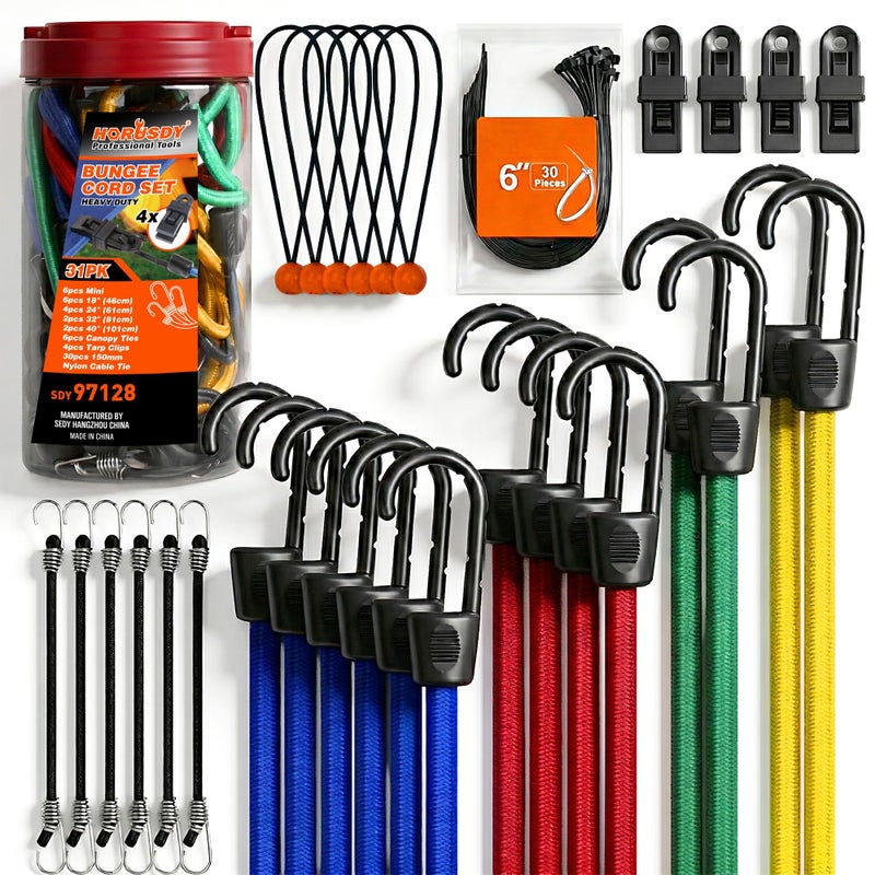 HORUSDY 31-Piece Premium Bungee Cords Assortment Jar, Includes 10â€,18â€,24â€,32â€,40â€ Bungee Cords, 6â€œ Zip Ties, 8â€Canopy/Tarp Ball Ties and Crocodile Mouth Tarp Clips - Image 1