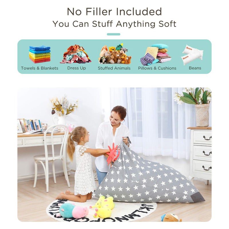 Aubliss Stuffed Animal Storage Bean Bag Chairs Cover, 50"x 35" Extra Large Bean Bags Chair for Kids & Adults, Beanbag Toy Storage for Boys Girls - Premium Cotton Canvas Grey Star - Image 2