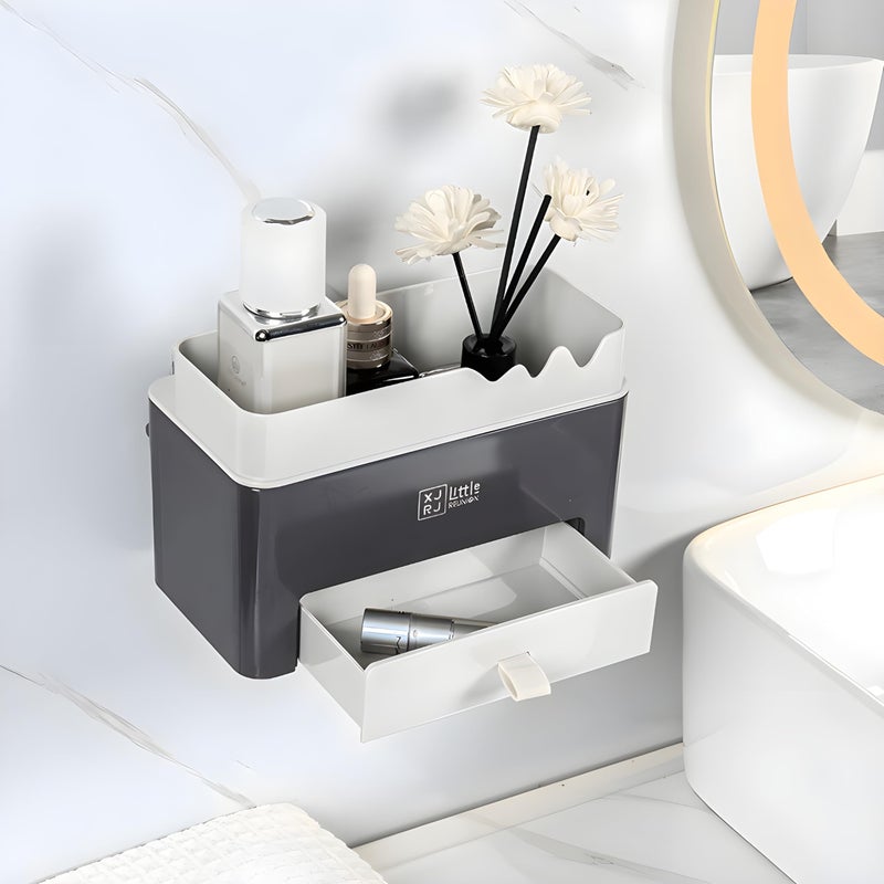 Jinila Self-Adhesive Bathroom Organizer with Mini Drawers and Scissors Separate Compartment Skincare Makeup Cosmetic and Toiletries Storage Box (Pack of 1, Gray and Cream) - Image 1
